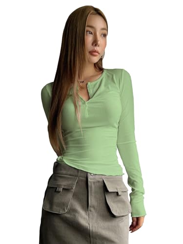 Image of Shasmi Women's & Girl's Long Sleeve Round Neck Solid Color Ruched Workwear Casual Top Half Button Down Henley T-Shirt for Women (Top 128)