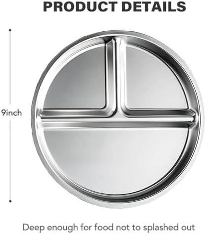 RUIBOLU Portion Control Plates Stainless Steel For Adults Weight Loss/Diabetic Diet/Divided Plate Unbreakable Round Metal Dish Plates/Kitchen Camping Picnic/ 9 Inch (2)