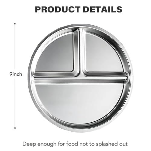 RUIBOLU Portion Control Plates Stainless Steel For Adults Weight Loss/Diabetic Diet/Divided Plate Unbreakable Round Metal Dish Plates/Kitchen Camping Picnic/ 9 Inch (2)