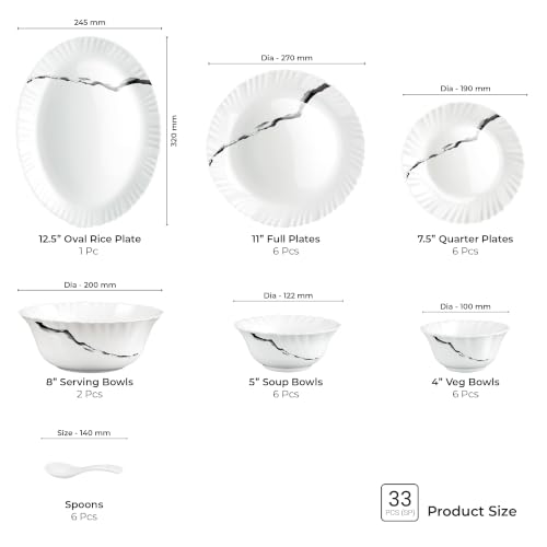 Image of Treo by Milton Opalware Aurelia Stria Dinner Set of 33 | Serving for 6 | Microwave & Dishwasher Safe | Bone-Ash Free | Tempered Toughness | Plates, Bowls, Spoons | Crockery Set for Dining & Gifting