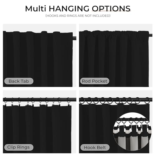 INOVADAY 100% Blackout Curtains 102 Inches Length 2 Panels Set, Back Tab/Rod Pocket Linen Black Out Curtains for Bedroom, Thermal Insulated Window Drapes - Black, W50 X L102