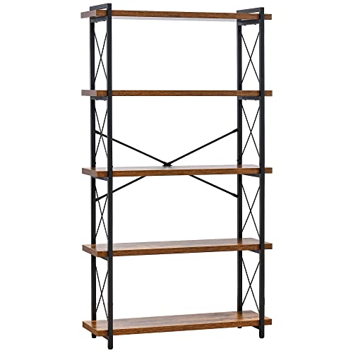 HCHQHSラック オープンシェルフ 収納 棚 おしゃれ 本棚 オープンラック キッチンラック 幅90cm 5段 リビングラック 木目調 組立簡単 ディスプレイラック スチールラック 古木色