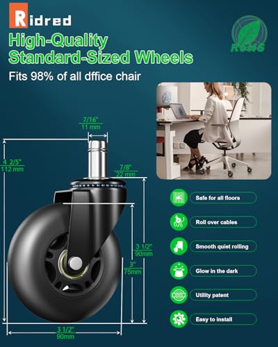 Image of RidRed Office Chair Wheels Replacement Heavy Duty 3 Inch Roller Blade Wheels for Carpet Hardwood Floors,Support 650 LB, Noise Free, Fits 98% Chair, for All Floor, Set of 5 (Black)