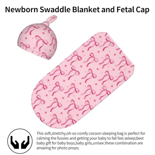 Image of Lcokin Pink Bow Baby Stuff Swaddle Blanket Hat Set, Newborn Receiving Blanket Shower Gift for Boys Girls