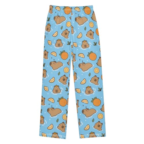Cute Capybara with Oranges Blue Pajama Pants Lounge Sleep Pants Elastic Waist Long Pajama Bottoms with Pockets for 6-14 Years