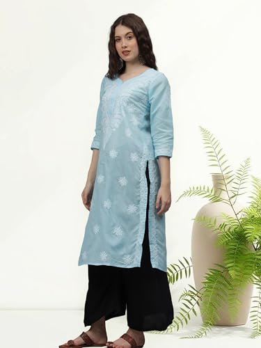 Image of Seva Chikan Hand Embroidered Lucknowi Chikankari Appricoat Peach Terivoil Cotton Kurta for Women SCL4603
