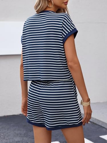 Image of Tankaneo Womens Summer 2 Piece Sets Striped Short Sleeve T Shirts and Shorts Loungewear Matching Set