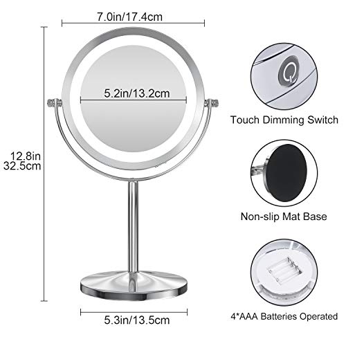 LED Makeup Mirror with Touch Screen Adjustable LED Light, 7 Inch Lighted Vanity Swivel Mirror 1x/10x Magnifying Double Sided Mirror - Thumbnail 3