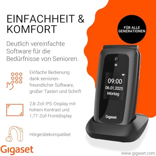 Gigaset GL795 Feature Phone – 4G Voice Over LTE, einfache Bedienung, 2,8 IPS-Display, 1400 mAh Akku, Audio-Boost, SOS-Taste, Bluetooth 5.0, Hörgerätekompatibel, Designed in Germany, Dunkelgrau