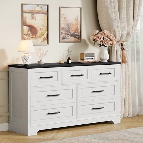 image for Furmax Farmhouse Dresser for Bedroom, 7 Drawers Dresser, Wood Chest of