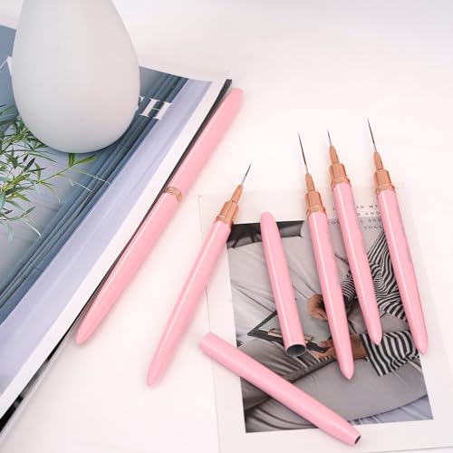 Metallic Nail Art Brushes, 5Pcs Liner Brush Set, UV Gel Polish Painting Art Design Pen for Long Lines, Thin Details, Fine Drawing Sizes 4/8/12/20/25mm(Pink) - Image 6