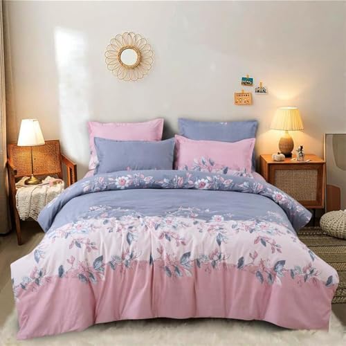 Image of Polycotton Printed 120 TC Comforter & Bedsheet Double Bed Bedding Set, Queen Size (90x100 inch), Pink & Blue, 4 Pieces