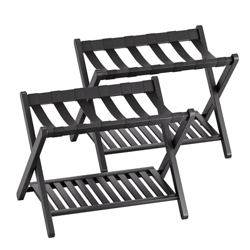 SMIBUY Luggage Rack, Set of 2, Foldable Bamboo Suitcase Stand with Storage Shelf for Guest Room, Bedroom, Hotel, Heavy-Duty (Black)