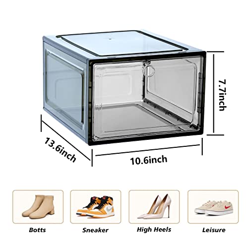 Kroshine Shoe Boxes Clear Plastic Stackable,6 Pack Shoe Organizer For Sneaker Storage With Magnetic Front Door Shoe Display Case Shoe Containers,Easy Assembly(13.6"X10.6"X7.7" Clear Black) #TOP1