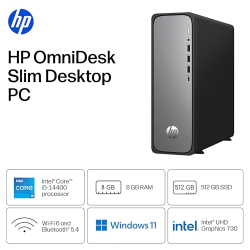 Image of HP OmniDesk Slim Desktop PC, Intel Core i5-14400, 8 GB RAM, 512 GB SSD, Intel UHD Graphics 730, Windows 11 Home, Microsoft Copilot, Meteor Silver, S03-0012 (2026)