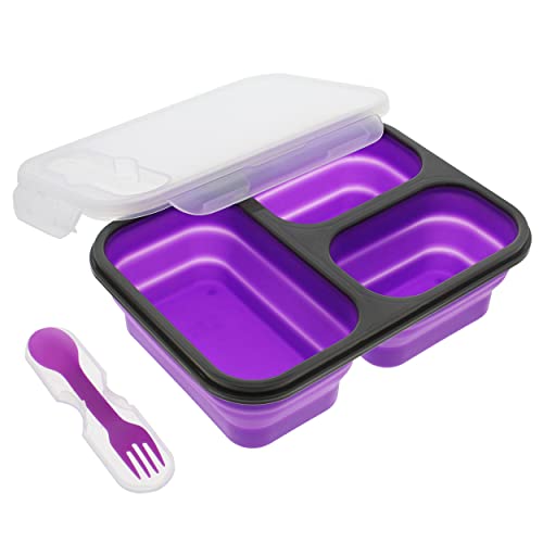 Creekview Home Emporium Collapsible Food Container - Purple Bento Lunch Box With 3 Compartments And Silverware In Lid #TOP18