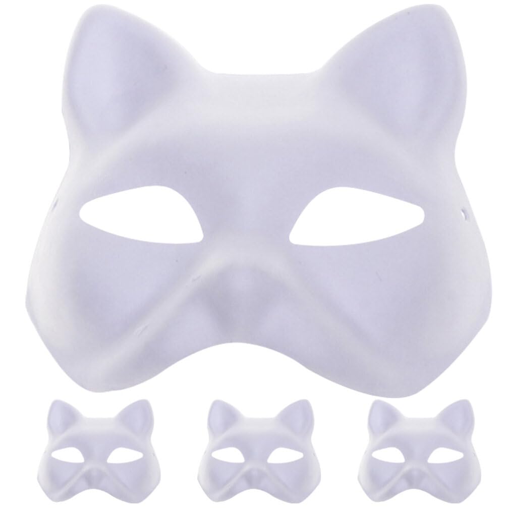 Tofficu 4pcs Cat Mask, Paintable White Cat Mask Animal Mask, Blank Cat Mask to Paint Half Facemasks for DIY Halloween Cosplay Masks