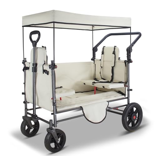 Image of TMZ Collapsible Wagon Cart with Side-Opening Seat Conversion Design, Foldable Utility Wagon with 2 Seats, Heavy Duty Wagon 265 lbs Load Capacity (Beige)