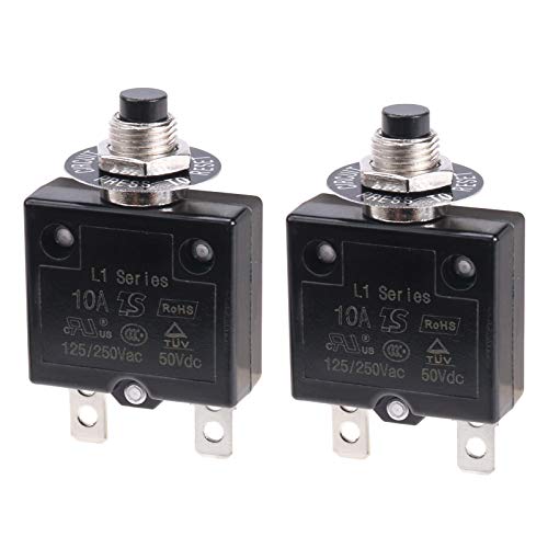 RKURCK 2 Pcs 125-250V AC 50V DC Push Button Circuit Breaker 10 Amps Thermal Overload Protector L1 Series Manual Reset Thermal Circuit Breaker 10A