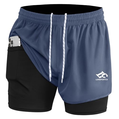 LORSPORTCH Pantalones Cortos de Running 2 en 1 para Hombre - Pantalones Cortos de Fitness para Hombre - Pantalones Cortos de Entrenamiento para Maratón al Aire Libre - Gris M