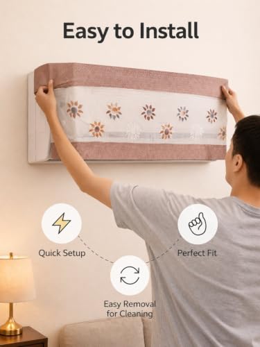 Image of Premium Cotton Net Split AC Cover for 1.5 Ton Indoor Unit | Designer Summer AC Dust Protection Cover | Stylish Protective AC Cover | 38 x 15.35 x 7.8 In | Brown Flower