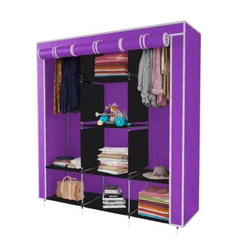 Image of Collapsible Wardrobe Closet for Clothes Storage, 8 Shelf Portable Fabric Almirah, Foldable Clothes Organizer with Plastic Frame, Space Saving Cupboard for Bedroom (Purple)