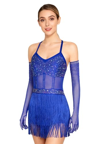 Justaucorps Robe Danse Gymnastique Femme Strass Franges Bleu Royal Sxiwei L