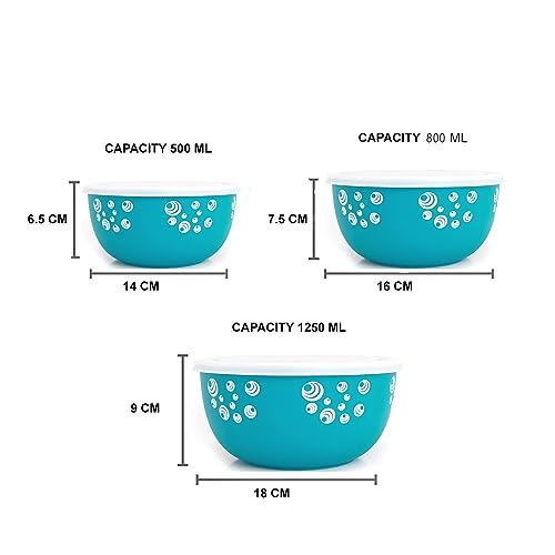 Image of Microsafe Stainless Steel Mixing Bowl Set with Lids - 3-Piece Nesting Bowls for Kitchen Prep, Serving & Food Storage (500ml, 750ml, 1250ml) (3 Turquoise Spiral)