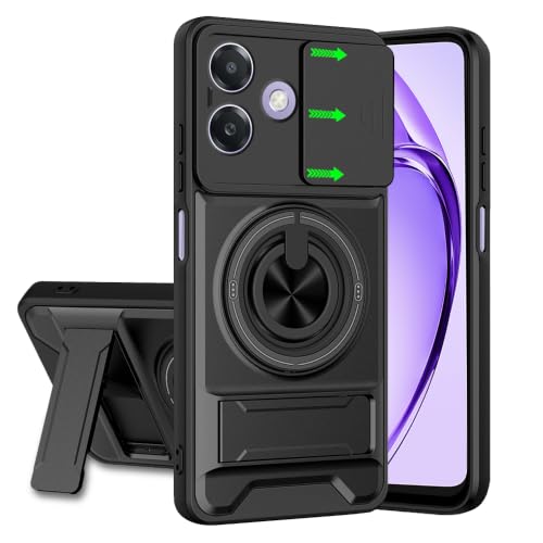 Image of Oppo A3X 5G Back Cover | Armor Camera Slider 360 Degree Rotating Finger Ring Holder Case with Bracket Stand Back Case Cover (Compatible with MagSafe Accessories) (Black)