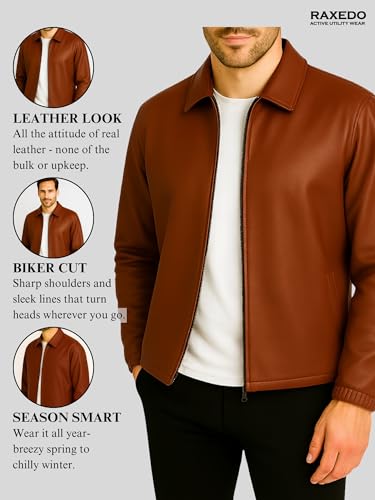 Image of Brown Faux Leather Jacket For Men - Lightweight Stylish Travel Outerwear For Bikers | Leather Jacket For Man - Stylish Lightweight Travel-ready Jacket