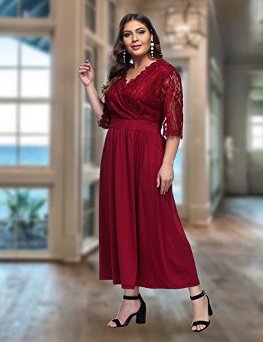 Women's V Neckline Floral Lace Top Plus Size Cocktail Party Midi Dress, Plus red1, 18/20 Plus