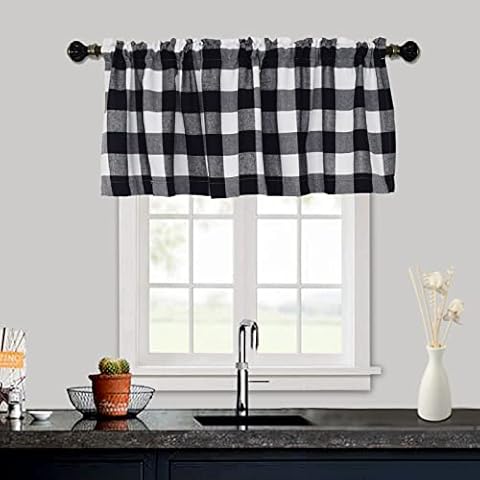 FELENIW Indoor 1 Panel 100% Cotton Buffalo Check Plaid Window Treatment Valance for Kitchen Living Room Bedroom Farmhouse Country Darkening Topper Curtain Valance (52''x24'', Black&White) Cover