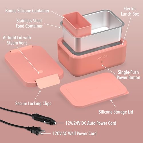 Bentgo Heat - Electric Lunch Box - Portable Food Warmer for Adults, Heated Lunch Box for Work, Travel, School & On the Go, Plug Into Wall or Car, Ideal for Ages 14+, 12V/24V & 120V Cords (Pink Spice)