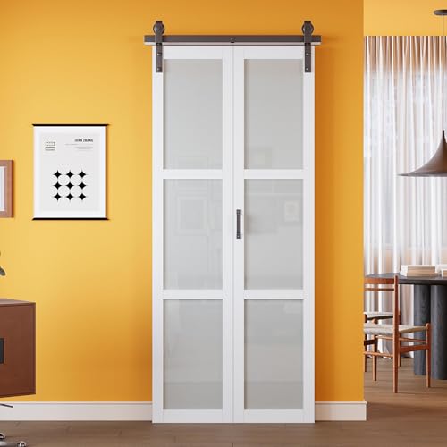 36' x 84' Paintable Bifold Barn Door, No Assembly Required Solid Core MDF Panels, Fingerprint-Resistant 3 Lite Frosted Glass Bi Fold Barn Door with Good Privacy, Folding Barn Doors for Pantry Laundry