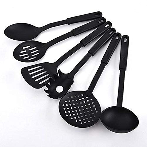 GaxQuly 6 Pcs/Set Nylon Heat-Resistant Plastic Spoon Spatula Turner Scoop Kitchen Cooking Utensil Tools Set(Black Color, 1 Set)