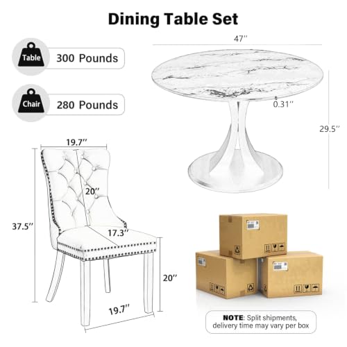 Image of 7-Piece Dining Table Set for 6 with 47 In Black Faux Marble Round Table | Circle Dining Room Table with 6 Velvet Upholstered Chairs, Modern Scandinavian Furniture for Dining Room Kitchen (Bule)