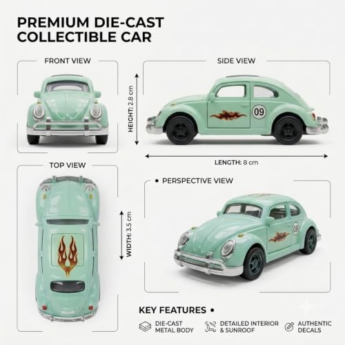 Image of Premium 1:64 Scale Die Cast Metal Toy Car Mini Collectible Vehicle with Free Rolling Wheels Realistic Metal Body Display Model for Kids Boys Girls Mint Green