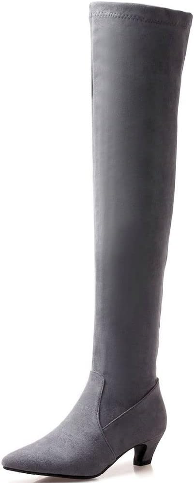 ClassicSter Womens Faux Suede Thigh High Stretch Boots Kitten Mid Heel Pointed Toe Over The Knee Boots