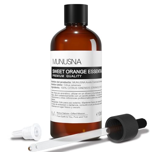 Aceite Esencial Naranja Dulce 100ML, MUNUSNA Aceite Esencial Puro Natural para Calma y Relajarse, Aceite de Naranja para Humidificador, Difusor, Quemador, Sweet Orange Oil