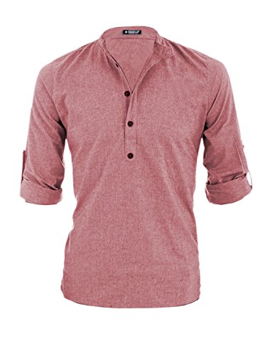 uxcell Men's Grandad Collar Roll Up Sleeves Heathered Henley Shirt Red 34