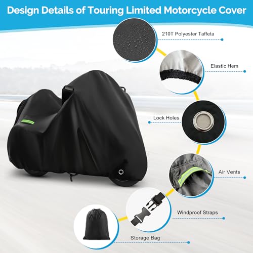 Image of Motorcycle Cover for Touring Road Glide /Ultra Limited /Gold Wing Tour /Indian Pursuit, 210T Waterproof Sun UV Rain Outdoor Protection Motorbike Cover with Lock Hole & Soft Cotton Lining