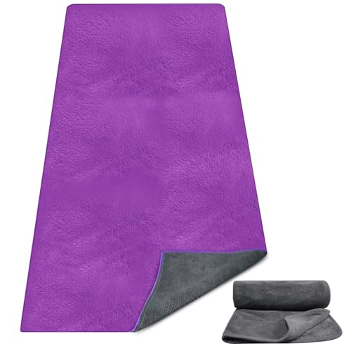 CORTHENA Hot Yoga Mat Towel Set – Non-Slip 600GSM Thickened Microfiber Yoga Mat Cover (70"x25.5") + Hand Towel – Super Absorbent, Skidless Sweat Towel for Hot Pilates, Bikram & Fitness, Dark Purple