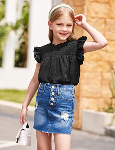 Flypigs Girls Summer Boho Shirt Ruffle Short Sleeve Frill Trim Mock Neck Cute Swiss Dot Top Chiffon Casual Blouses Pleated Flattering Dressy Tunic Black 5-6 Years #TOP2