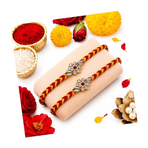 Image of 2 Pcs Traditional Floral Meenakari Rakhi with Roli Chawal, Red and Yellow Braided Thread Crystal Stone Centerpiece Rakshabandhan Rakhi for Brother Elegant Design Rakhis for Bhai
