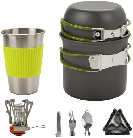 Conjunto de panelas de acampamento com fogão