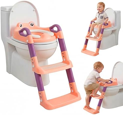 Kids Potty Training Seat, Detachable Toddler Toilet Seat Ladder with Adjustable Height PVC Soft Cushion for Toddlers Boys Girls(pink)