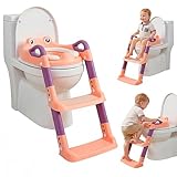 Toddler Toilet Seat with Step Stool, Foldable Potty Training Toddler Toilet Seat and Steps with Adjustable Height PVC Soft Cushion for Toddlers Boys Girls (02 Pink)