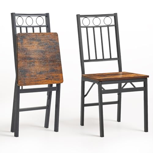 HAUSPROFI 2 Stühlen Landhausstil Esszimmerstuhl Faltbar Klappstühle, 136 kg belastbar für Esstische, platzsparender Küchentischstuhl mit Metallrahmen & Rückenlehne, rustikales Braun