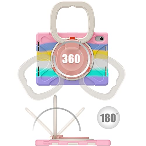 肩掛け For iPad第10世代 iPad 10（2022）ケース iPad A16 (2025) iPad第11世代 ケース ショルダーストラップ 360°回転ベルト スタンド ペンシル収納 米軍MIL資格 耐衝撃 キッズ かわいい て丈夫 子供 アウトドア リング 持ち手付き 斜め掛け 落下防止 虹色, カラフル（ピンク）