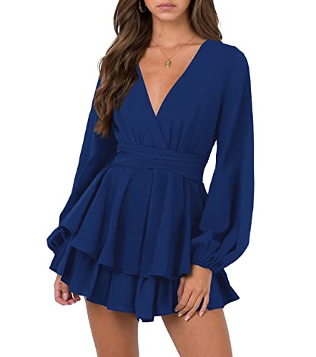 Petite Womens Short Dress Sexy V Neck Long Lantern Sleeve Tie Waist Cocktail Dresses Babydoll Dress Royal Blue M